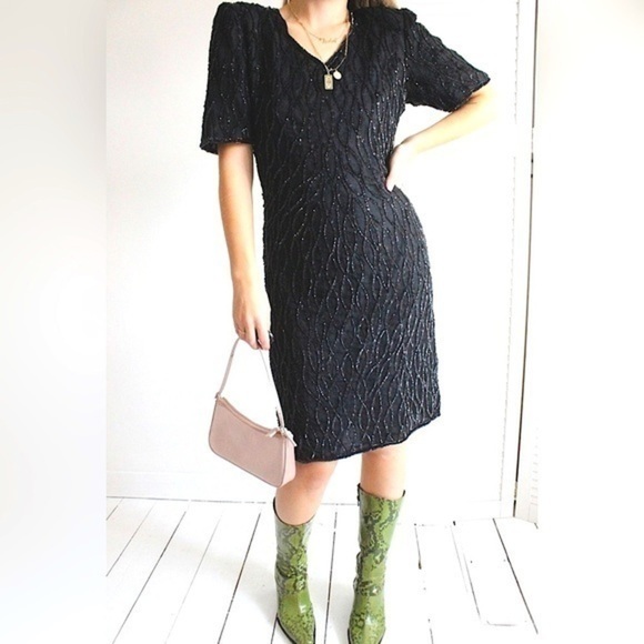 Vintage Lawrence Kazar New York 100% Silk Sequins & Beaded Cocktail Dress 0044 - Picture 1 of 10